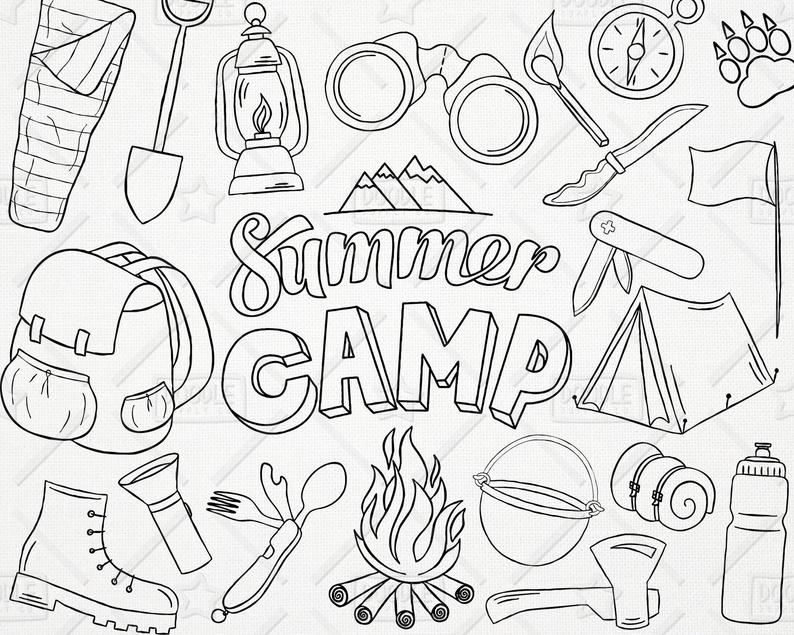 794x635 Doodle Camping Vector Pack Outdoors Clipart Campfire Etsy
