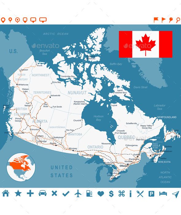 590x700 Canada Map, Flag, Navigation Labels, Roads Travel Vectors