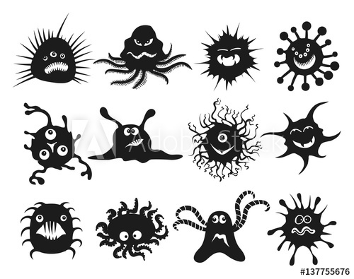 500x395 Cartoon Virus Black Icons Cell Viruses, Bacillus And Bacteria Set