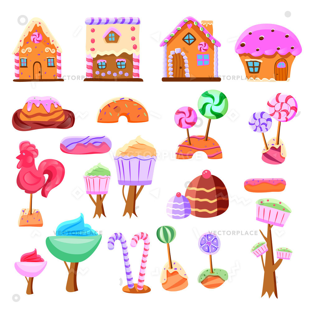 1000x1000 Fairy Tale Candy Land Set Flat Vector Illustration