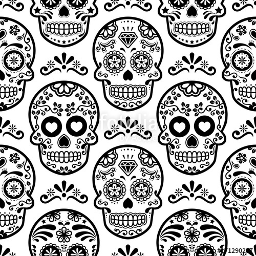 500x500 Mexican Sugar Skull Vector Seamless Pattern, Halloween Candy