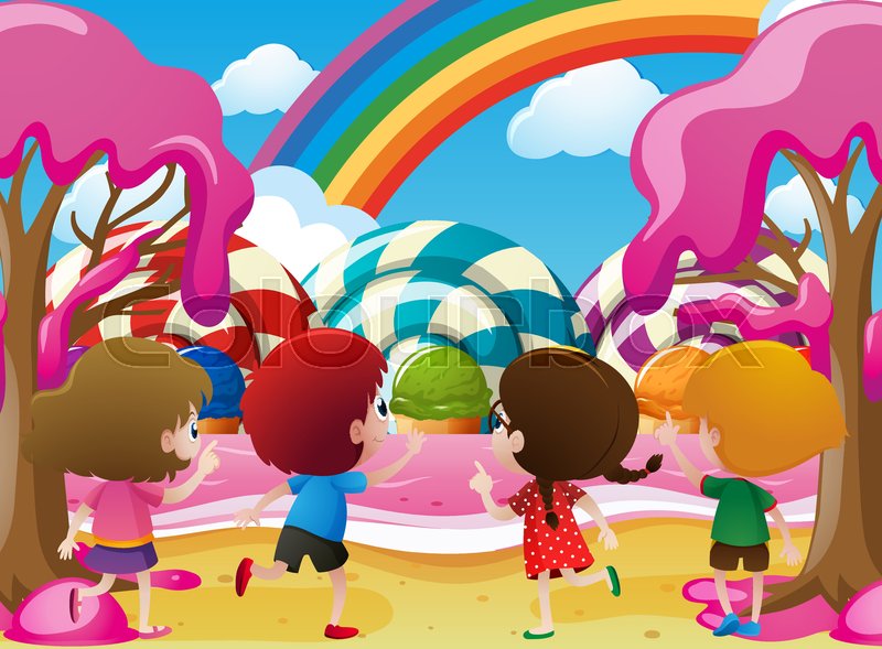 Kids Playing In Candyland Illustration Stock Vector Colourbox 800x589 Kids Playing In Candyland Illustration Stock Vector Colourbox