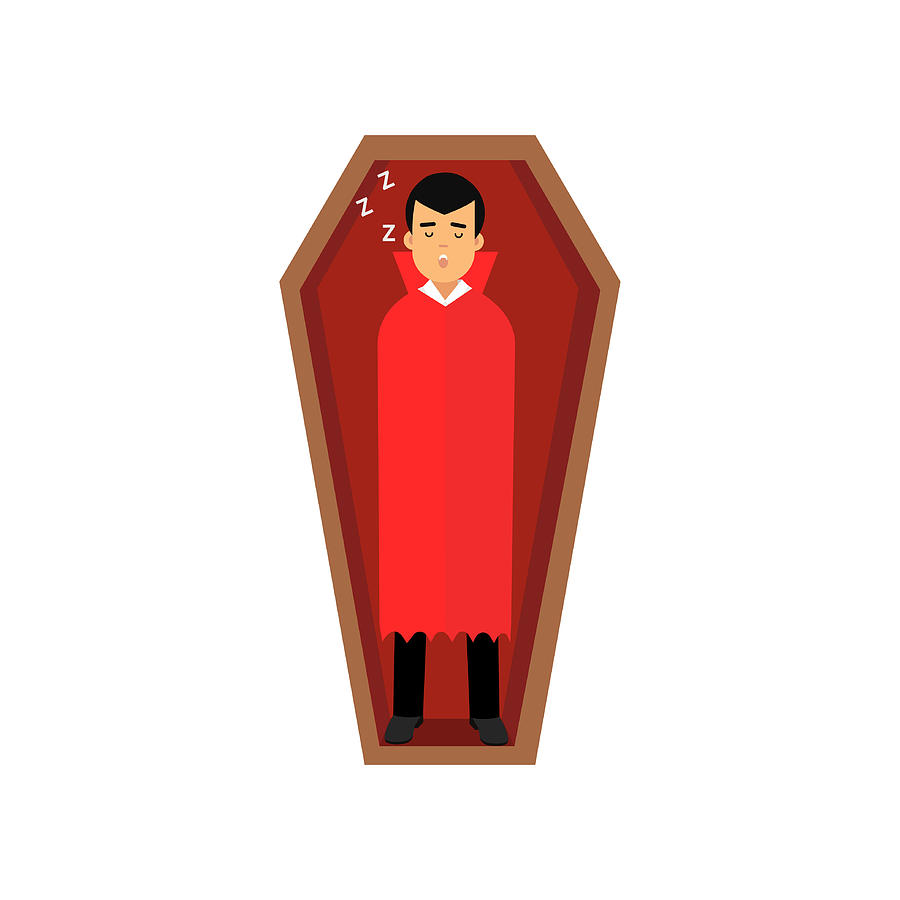 900x900 Vampire Character Sleeping In Wooden Coffin, Count Dracula Wearing