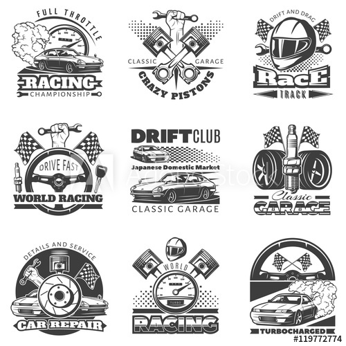 500x500 Set Of Car Racing Black Monochrome Emblems, Labels, Logos