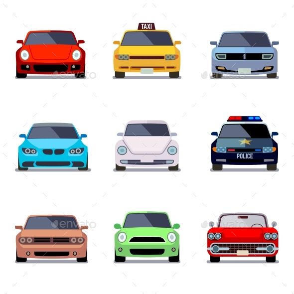 590x590 Car Flat Vector Icons In Front View Car Transport, Auto Car