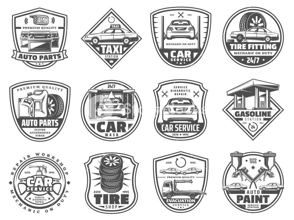 1000x750 Car Service Badges, Retro Vector Icons Auto Parts And Tire Shop