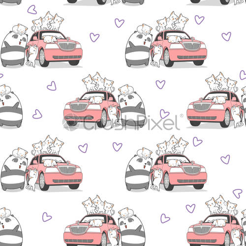 500x500 Seamless Drawn Kawaii Cats And Panda With Pink Car Pattern, Stock