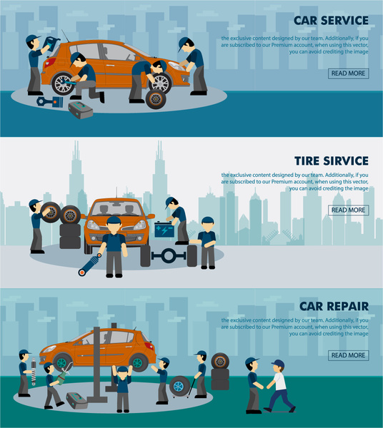 536x600 Car Service Banner Sets Illustration With Working Human Free