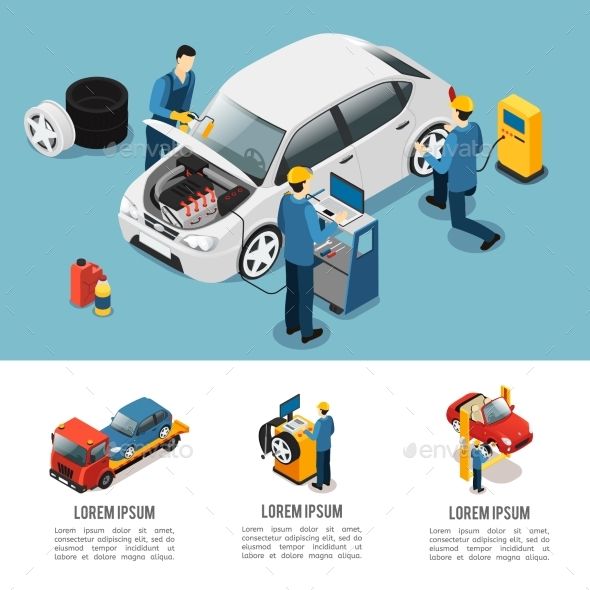 590x590 Isometric Car Service Composition With Mechanics Changing Tires