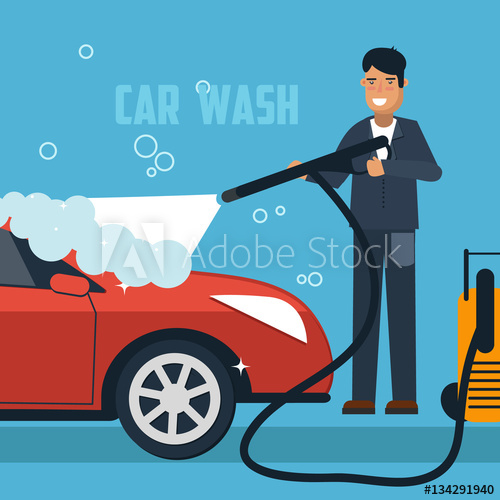 500x500 Car Wash Concept Illustration Man Washing Car Banner Car Wash