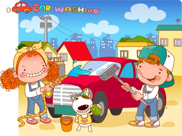 600x451 Childhood Painting Car Wash Theme Colored Cartoon Design Free