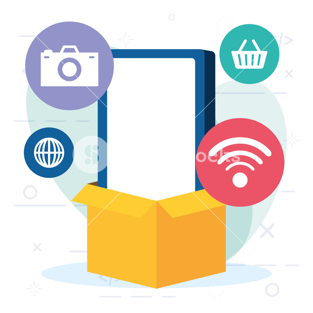 1000x1000 Online Shopping Cellphone Box Cargo Vector Illustration Royalty