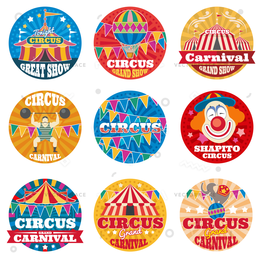 1000x1000 Circus Vintage Labels Emblems Grand Carnival Vector Illustration