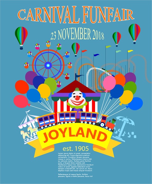 496x600 Carnival Funfair Poster With Clown And Balloons Illustration Free