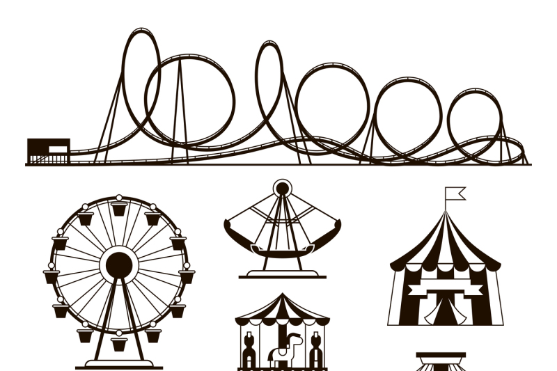 Amusement Park, Roller Coasters And Carousel Vector Icons 800x533 Amusement Park, Roller Coasters And Carousel Vector Icons