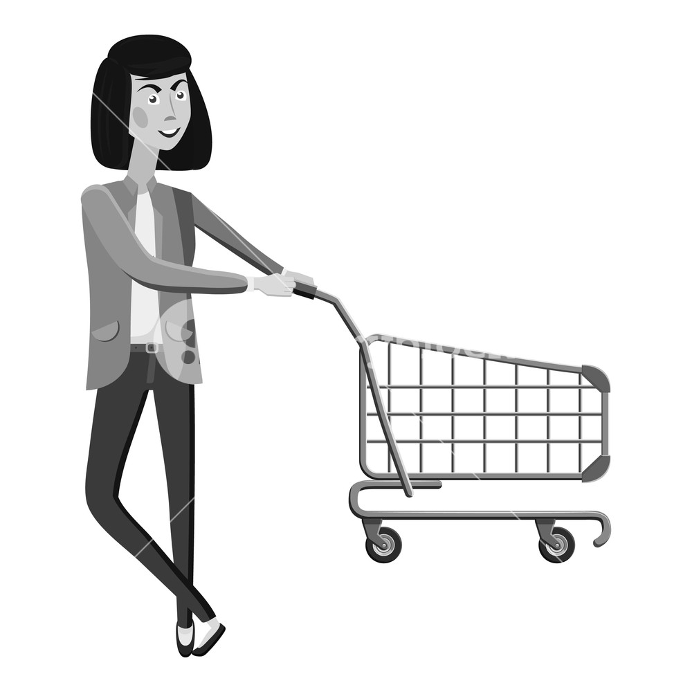 1000x1000 Woman With Empty Shopping Cart Icon Gray Monochrome Illustration