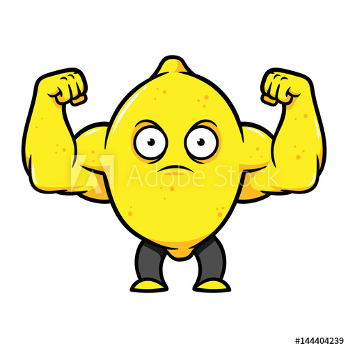 500x500 Cartoon Muscular Lemon Flexing Arms Vector Illustration