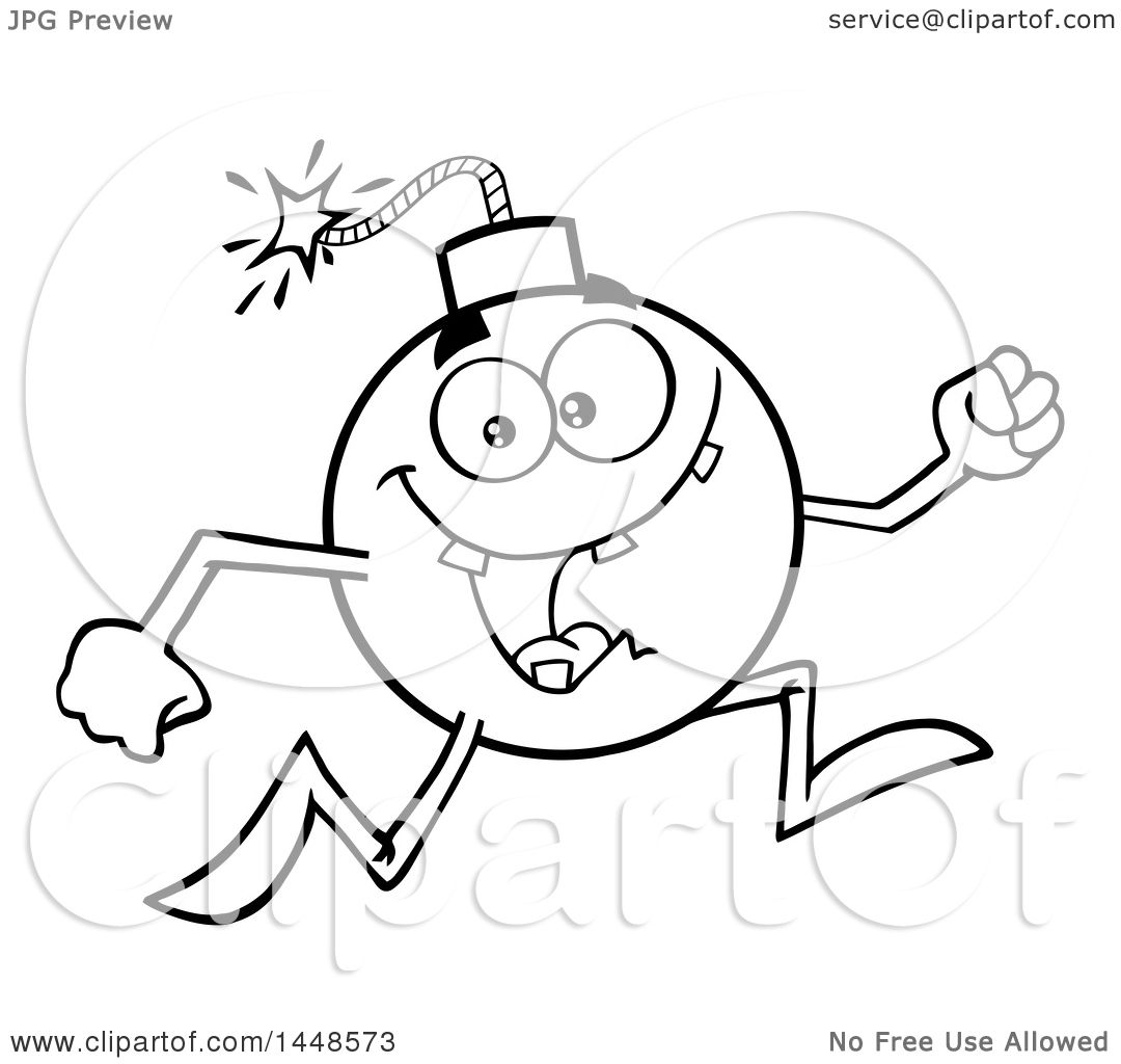 1080x1024 Clipart Of A Cartoon Black And White Lineart Running Bomb Mascot