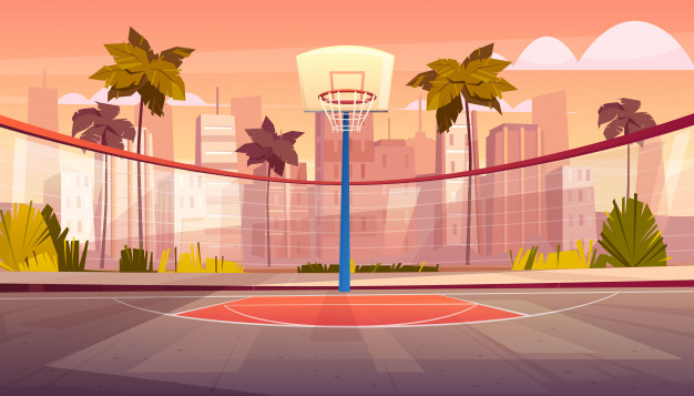 Vector Cartoon Background Of Basketball Court In Tropic City 626x357 Vector Cartoon Background Of Basketball Court In Tropic City