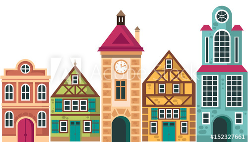 500x286 Row Of Different Houses Houses, Cottage Buildings, Vector Cartoon