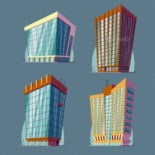 590x590 Set Vector Cartoon Illustration Of An Urban Large Modern Buildings