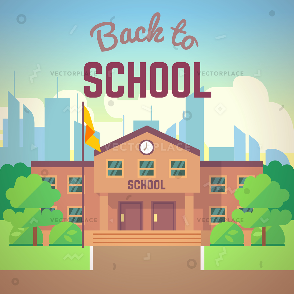 1000x1000 Back To School Poster Building Flat Vector Illustration