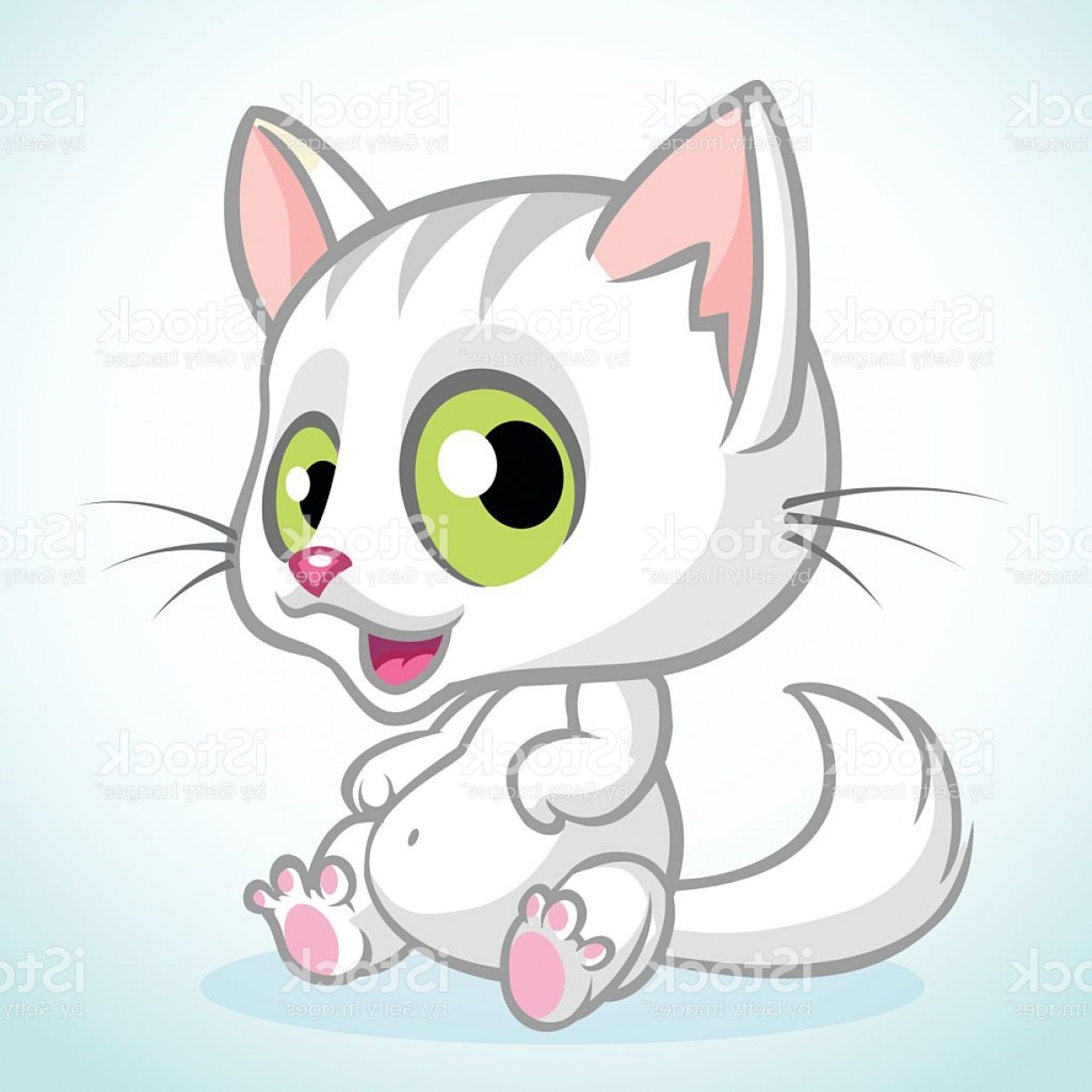 1228x1228 White Cute Kitty With Green Eyes Sitting Vector Cartoon Cat Gm