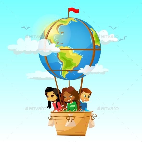 590x590 Children On Globe Hot Air Balloon Vector Illustration Cartoon