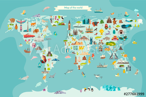 500x333 Landmarks World Map Vector Cartoon Illustration Cartoon Globe
