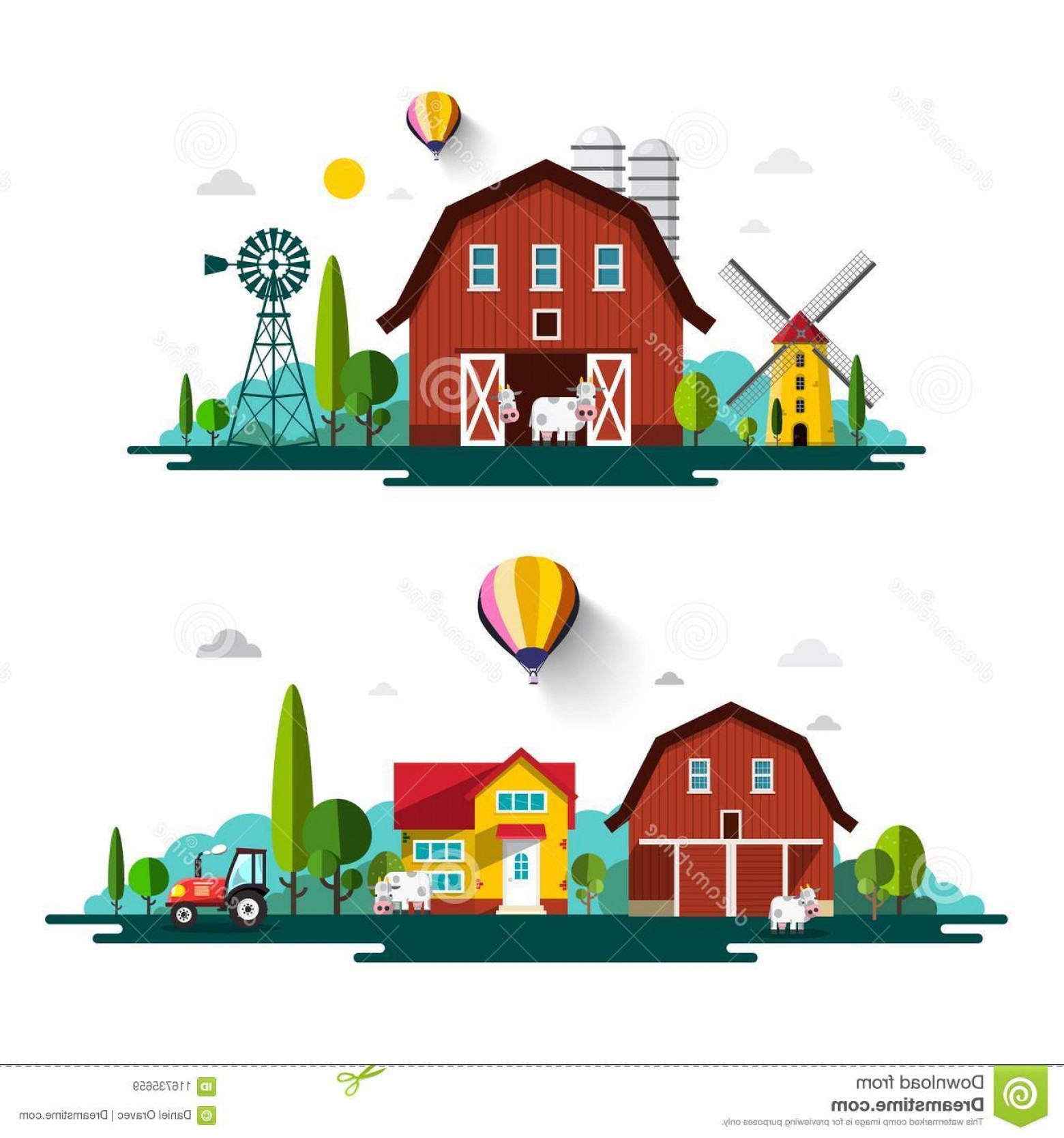 1560x1668 Farm Houses Vector Flat Design Cartoon Barn Cows Farm Houses