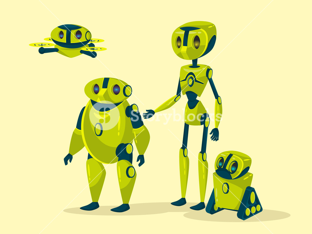 1000x750 Vector Cartoon Green Robots Set Humanoid Cyborgs With Body, Arms