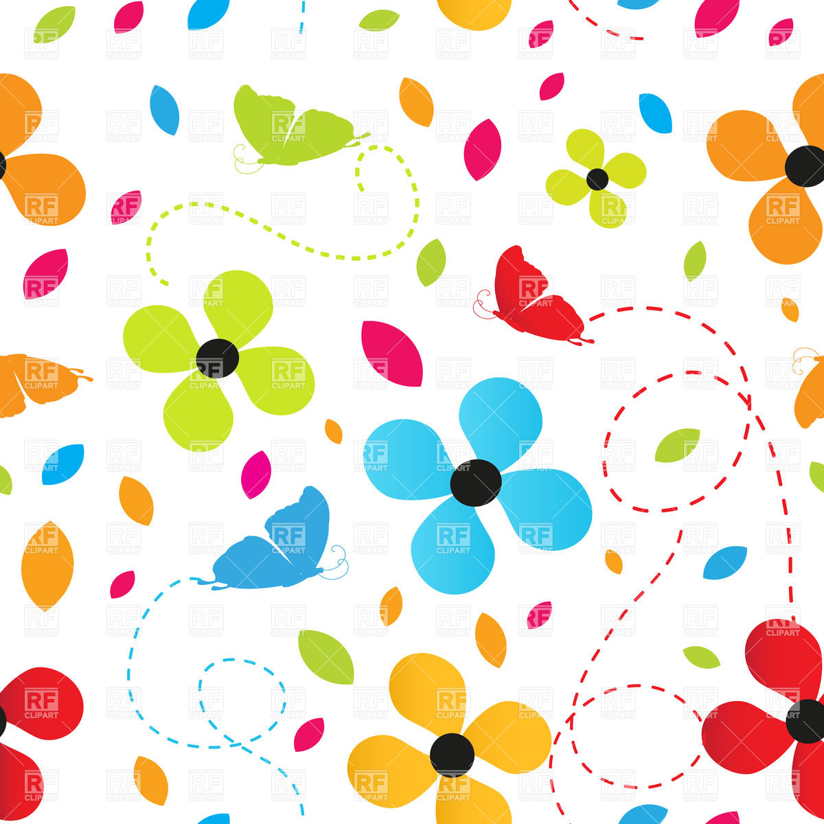 Seamless Pattern Made Of Cartoon Flowers And Butterflies Vector 1200x1200 Seamless Pattern Made Of Cartoon Flowers And Butterflies Vector