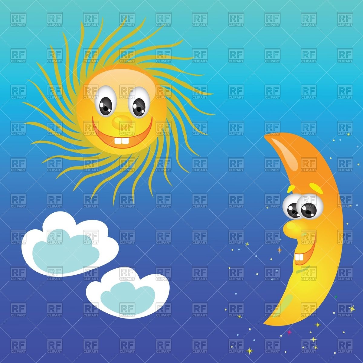 1200x1200 Cartoon Sun And Half Moon Characters With Funny Faces In Sky