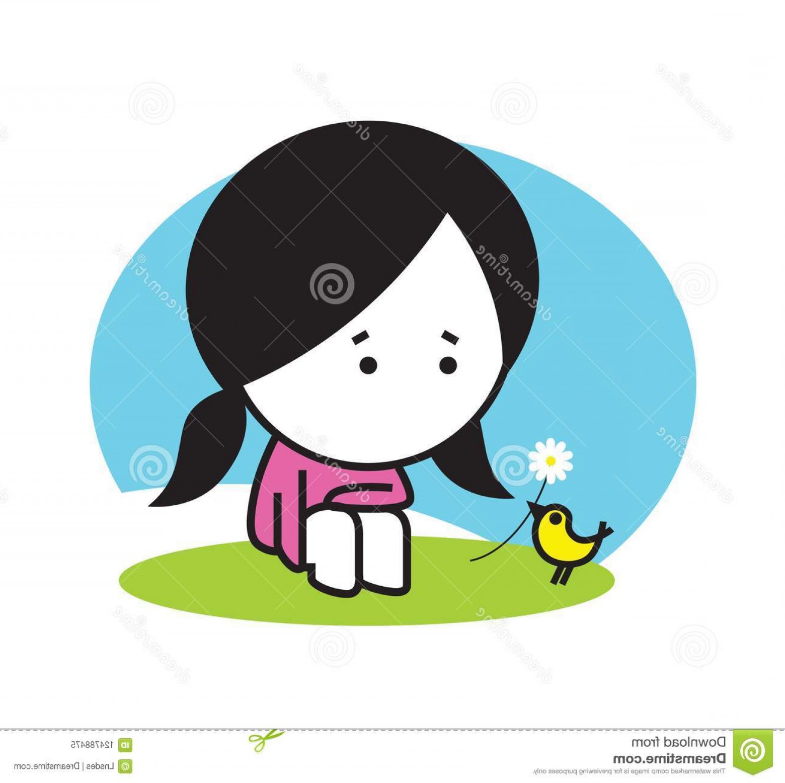 1560x1556 Cute Girl Little Bird Green Grass Blue Sky Vector Design