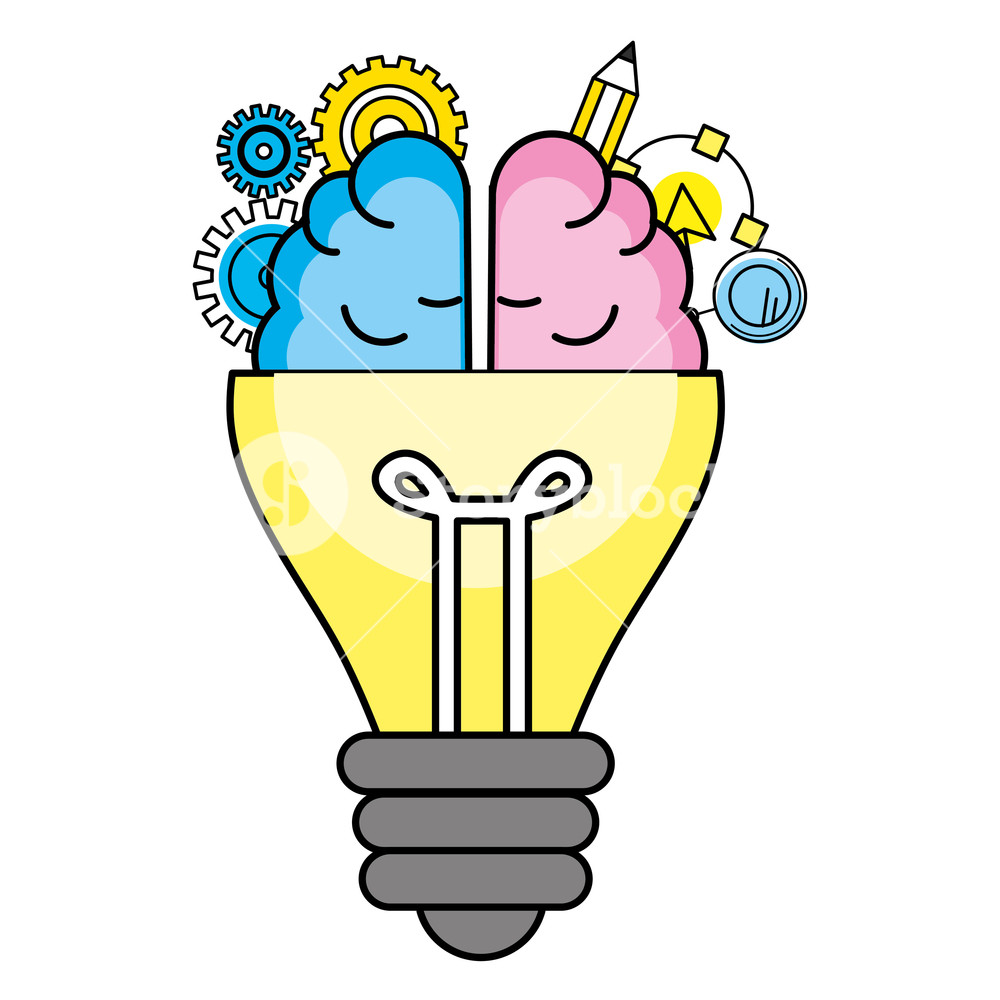 1000x1000 Idea Light Bulb Gears With Brain Cartoon Vector Illustration