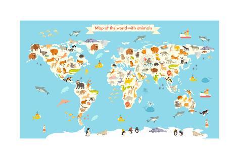 473x315 Animals World Map Colorful Cartoon Vector Illustration