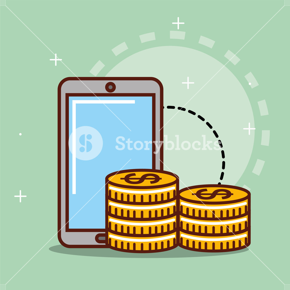 1000x1000 Smartphone Stacked Coins Money Cash Vector Illustration Royalty