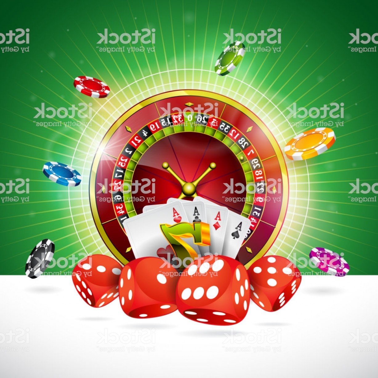1228x1228 Casino Illustration With Roulette Wheel And Playing Chips On Green