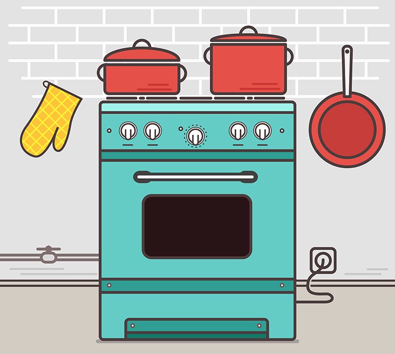 800x717 Vector Illustration, Flat Style Oven With Pot, Pan And Oven Gloves