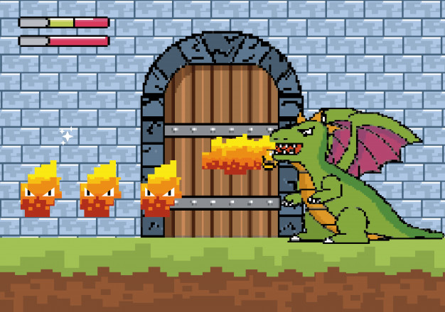 626x440 Dragon Spits Fire And Character In The Castle Door Vector Free