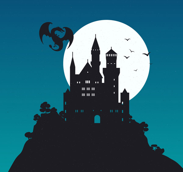 600x562 Moonlight Castle And Dragon Silhouette Vector For Free Download