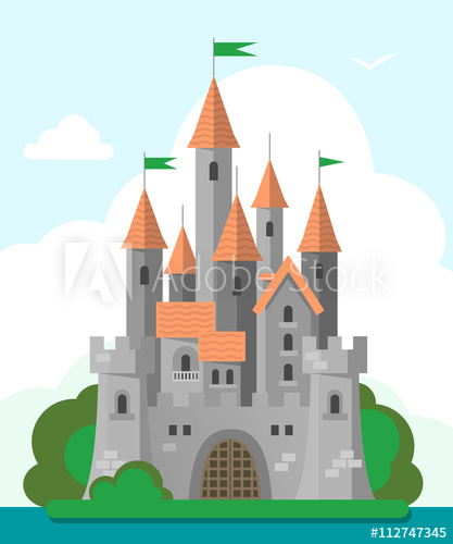 417x500 Grey Castle With Red Roof In A Flat Style On White Background