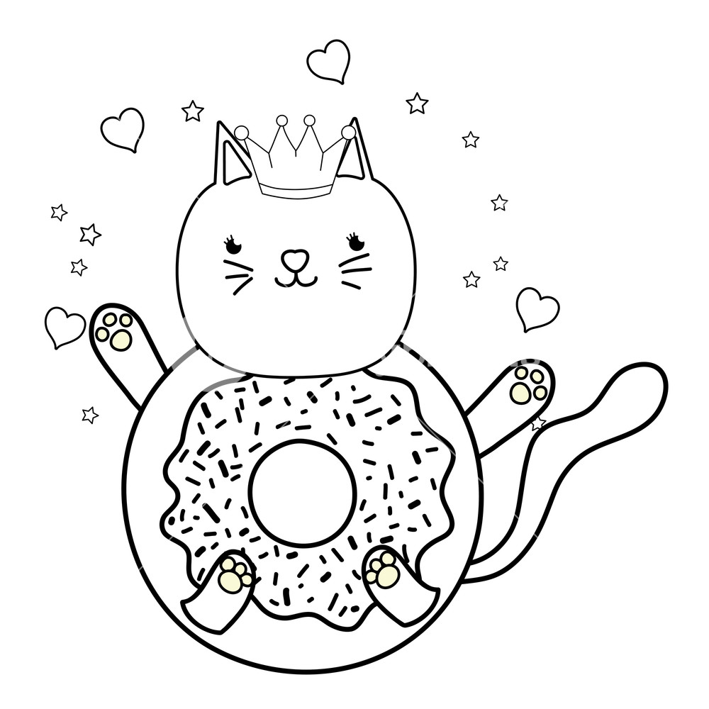 1000x1000 Outline Kawaii Cute Cat Donut With Hearts And Stars Vector