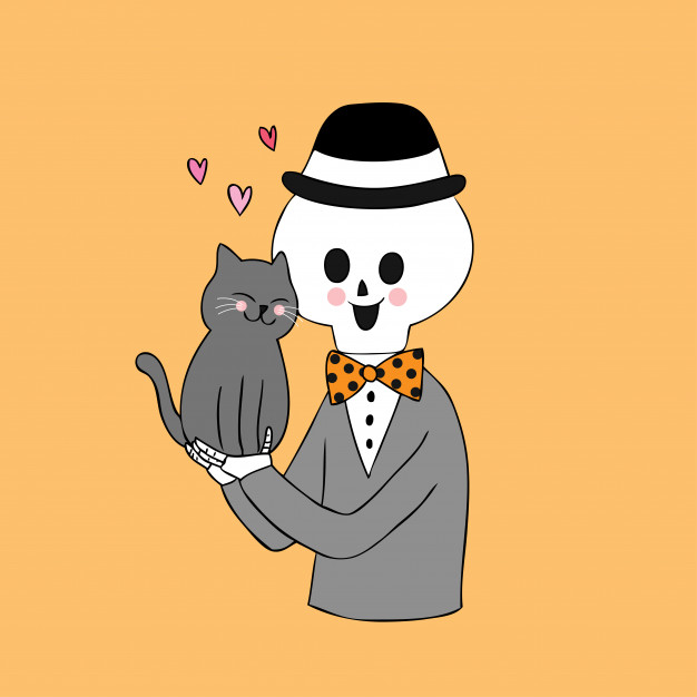 626x626 Cartoon Cute Halloween Cat And Skull Vector Vector Premium Download