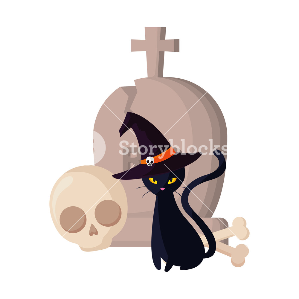 1000x1000 Black Cat Skull Gravestone Halloween Celebration Vector