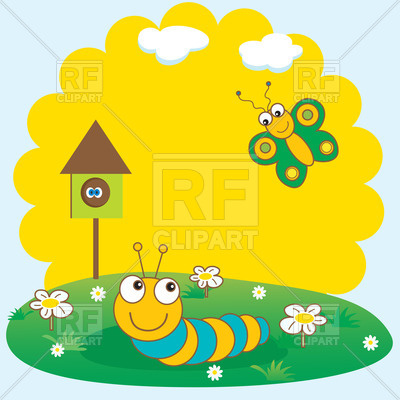 400x400 Spring Card With Cartoon Caterpillar And Butterfly On Floral Glade