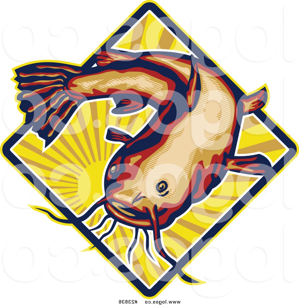 1228x1252 Royalty Free Vector Logo Of A Big Catfish Over A Sun With Rays