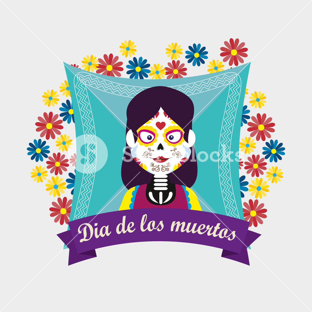Catrina With Flowers And Ribbon To Day Of The Dead Vector 1000x1000 Catrina With Flowers And Ribbon To Day Of The Dead Vector