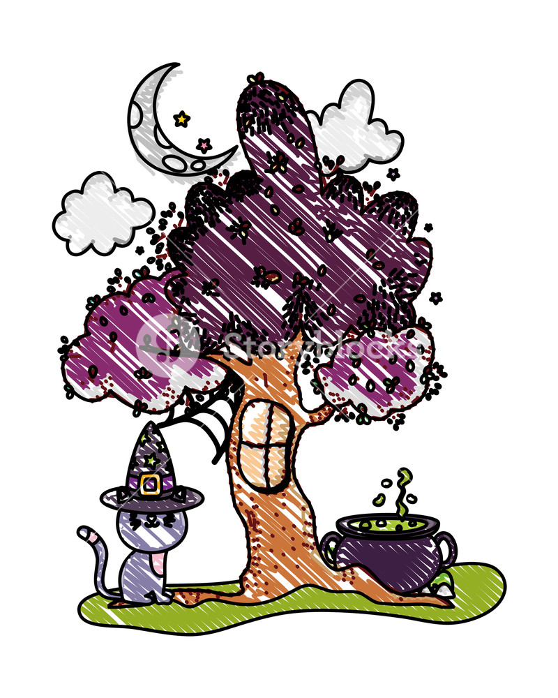 800x1000 Grated Tree Window And Cat With Hat And Pot Cauldron Vector