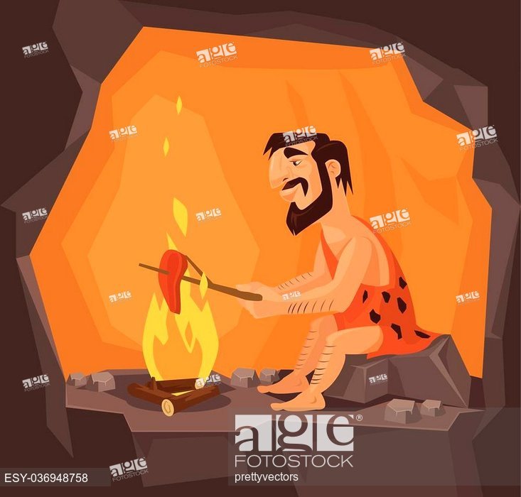 733x700 Caveman Is Cooking In Cave Vector Flat Illustration, Stock Vector